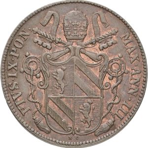 Papal States, Pius IX (1846-1878), Baiocco 1848 R anno III, KM  1339, EF-VF