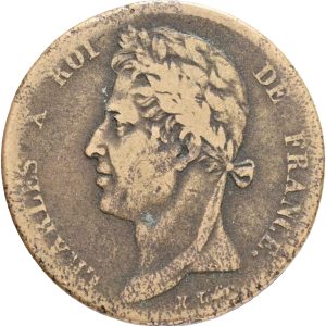 France, French Colonies, Charles X (1824-1830), 5 Centimes 1827 H, La Rochelle mint, KM 10.2, F-VG, planchet flaws.