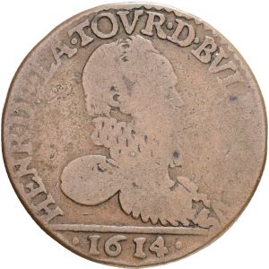 France, Sedan, Henry of the Tour d'Auvergne (1591-1623), Double Liard 1614, Poey d'Avant 6324, VG/F