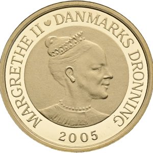 Margrethe II, 10 kroner 2005, Den Grimme Ælling, Au (900/1000), 8,65 g, Sieg 3, Proof, i original kapsel og æske samt med certifikat.