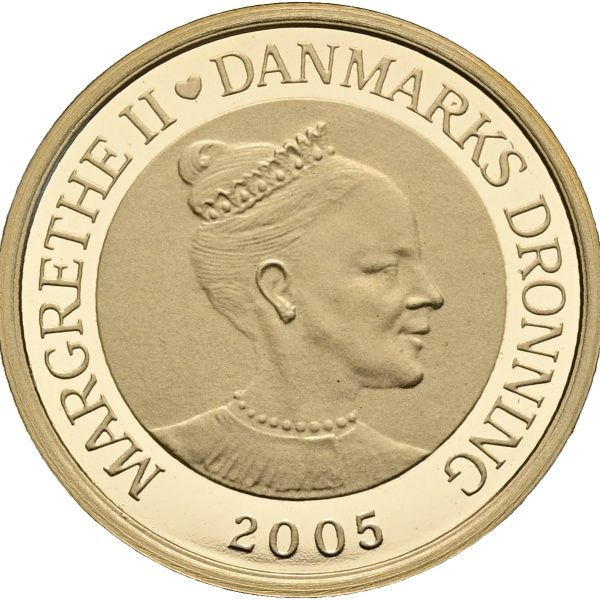 Margrethe II, 10 kroner 2005, Den Grimme Ælling, H. C. Andersen 1805-2005, Au (900/1000), 8,65 g, Sieg 3, F 301, Proof, i uoriginal kapsel, uden æske og certifikat. (Modelfoto)