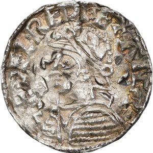 England, Aethelred II, 978–1016, Stamford, Penny, Helmet type, 1003–1009, Moneyer Godeg, 1.38 g, N. 775, S 1152, VF, minor flan flaws, peck marks.