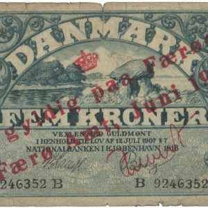 5 kroner 1918, nr. 9246352 B, V. Lange / Bang, med overtryk "Kun gyldig paa Færøerne, Færø Amt, Juni 1940", Sieg 7, Pick 1, kv. 1-, blækskrift på bagsiden, rifter op til 13 mm. Der er i Sieg ikke registreret nogen kendte eksemplarer med overtryk på Heilmann I-serien (1912-1929) - ekstremt sjælden