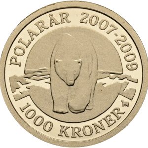 Margrethe II, 1000 kroner 2007, isbjørn, polarmønt, Au (900/1000), 8,65 g, Sieg 1B, kv. Proof, i original kapsel og æske med certifikat. Modelfoto.