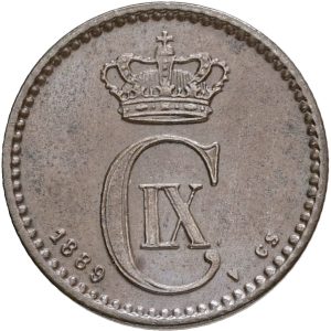 Christian IX, 1 øre 1889, Sieg 1.1, H 19A, kv. 01-1+, svagt syrebehandlet.