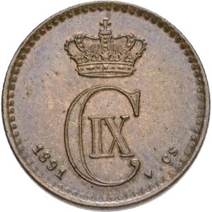 Christian IX, 1 øre 1891, Sieg 1.1, H 19A, kv. 0-01, ir fjernet.