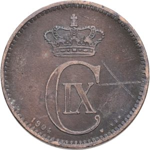 Christian IX, 5 øre 1904, Sieg 1.2, H 17B, kv. 1, indridset kryds på forsiden.