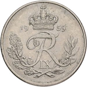 Frederik IX, 10 øre 1959, Sieg 13.2, H 10B, kv. 01, pletter på bagsiden.