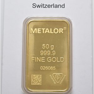 Guldbarre, 50 g, Au (999.9/1000), Metalor - i original holder.