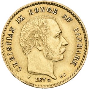 Christian IX, 10 kroner 1874, Sieg 1.1, H 9A, F 296, kv. 01-1+, små ks. - variant med stort mellemrum mellem 7 og 4 i årstallet.
