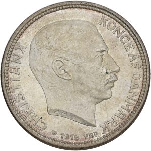 Christian X, 2 kroner 1916, Sieg 2, H 8, kv. 0-01, plet på forsiden.