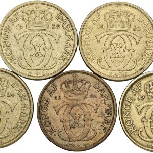 Christian X, 1/2 krone 1924, 1925, 1926, 1939, 1940, Sieg 1.1-1.2, H 22A-B - komplet sæt.