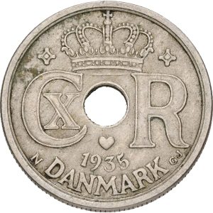 Christian X, 25 øre 1935, Sieg 4.2, H 24B, kv. 1+-1