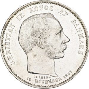 Christian IX, 2 kroner 1888, 25 års regeringsjubilæum, Sieg 1, H 10, kv. M-0, håndteringsspor.