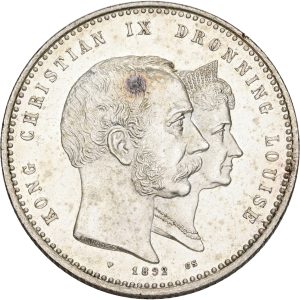 Christian IX, 2 kroner 1892, Kongeparrets guldbryllup, Sieg 2, H 11, kv. M-0, håndteringsspor.