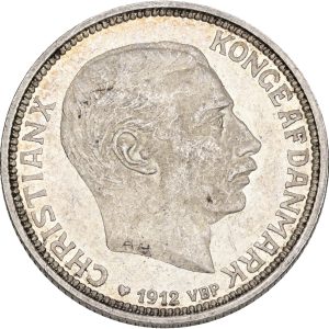 Christian X, 2 kroner 1912, tronskiftet, Sieg 5, H 3, kv. M-0, håndteringsspor.