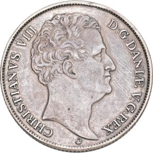 Christian VIII, speciedaler 1846 VS, Sieg 14, H 3F, kv. 1+, monteringsspor, renset.