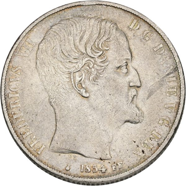 Frederik VII, 2 rigsdaler 1854 FF, Sieg 14.2, H 6B, kv. 1+, rester af møntskær, lille ks.