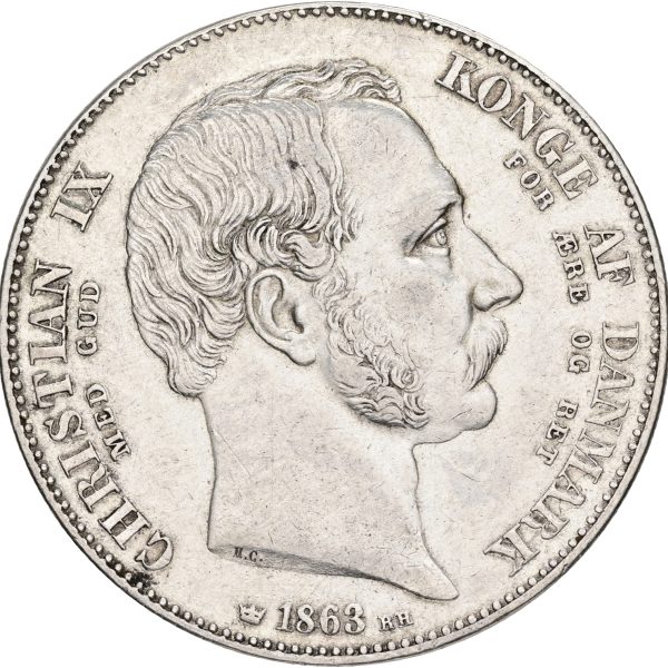 Christian IX, 2 rigsdaler 1863 RH, tronskiftet, Sieg 4, H 3, kv. 1+, let renset.