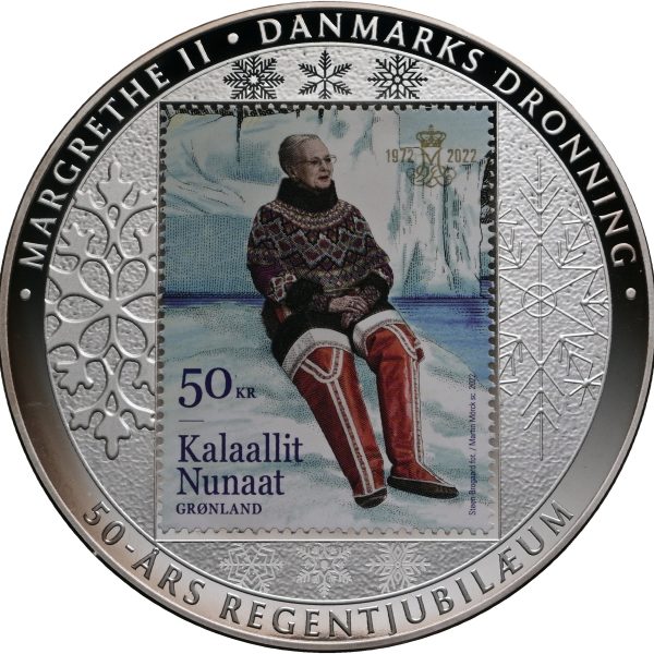 Margrethe II, 50 års regeringsjubilæum, 2022, Ag (999/1000), 80 mm, 100 g, kv. Proof – præget i 500 eksemplarer.