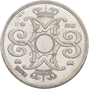 Margrethe II, prøvemønt, 2 kroner 1986, GP 34b, riflingsforsøg b (6x6 riller, prægering 324), kv. 0-01