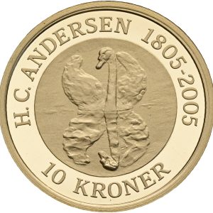 Margrethe II, 10 kroner 2005, Den Grimme Ælling, H. C. Andersen 1805-2005, Au (900/1000), 8,65 g, Sieg 3, F 301, kv. Proof, i original kapsel og æske med certifikat. Modelfoto.