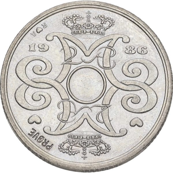 Margrethe II, prøvemønt, 2 kroner 1986, GP 34b, riflingsforsøg h (8×7 riller, prægering 339), kv. 0-01
