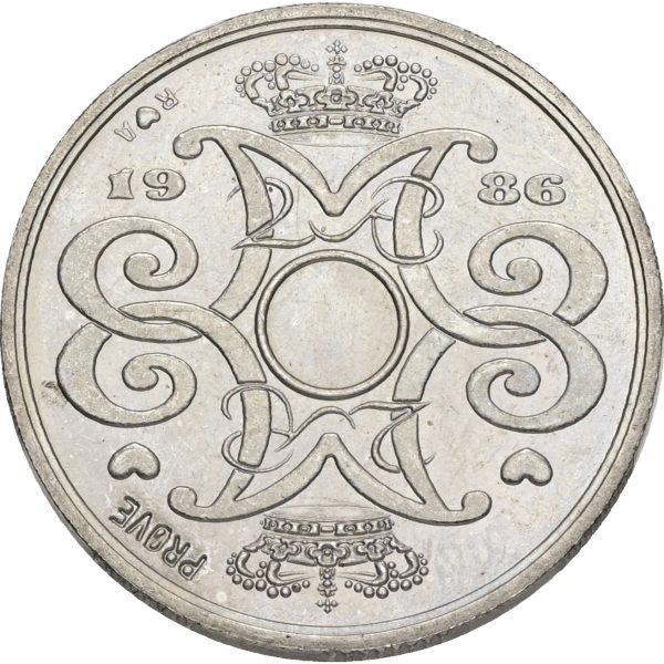 Margrethe II, prøvemønt, 2 kroner 1986, GP 34b, riflingsforsøg c (8×7 riller, prægering 325), kv. 0-01