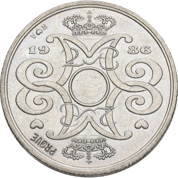 Margrethe II, prøvemønt, 2 kroner 1986, GP 34b, riflingsforsøg f (8×8 riller, prægering 328), kv. 0-01