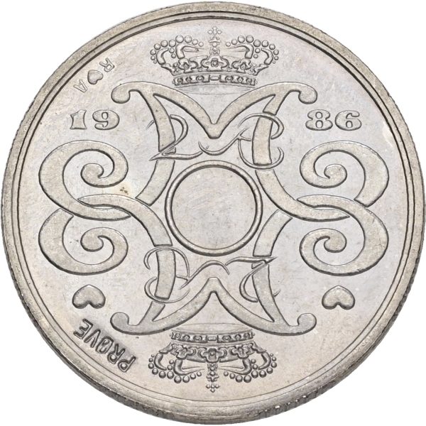 Margrethe II, prøvemønt, 2 kroner 1986, GP 34b, riflingsforsøg e (8×8 riller indad, prægering 327), kv. 0-01