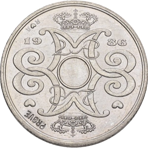 Margrethe II, prøvemønt, 2 kroner 1986, GP 34b, riflingsforsøg d (8×9 riller, prægering 326), kv. 0-01
