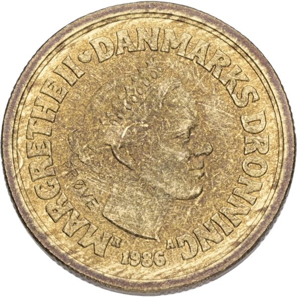 Margrethe II, prøvemønt, 20 kroner 1986, GP 37b, riflingsforsøg e (8×8 riller indad, prægering 332), kv. 01