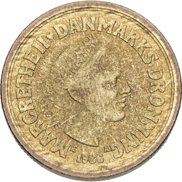 Margrethe II, prøvemønt, 20 kroner 1986, GP 37b, riflingsforsøg f (8×8 riller, prægering 333), kv. 01
