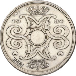 Margrethe II, prøvemønt, 2 kroner 1986, GP 34b, riflingsforsøg g (6x7 riller, prægering 338), kv. 01