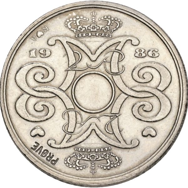 Margrethe II, prøvemønt, 2 kroner 1986, GP 34b, riflingsforsøg g (6×7 riller, prægering 338), kv. 01