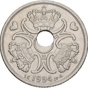 Margrethe II, 5 kroner 1994, Sieg 3.1, kv. 1+ - fejlmønt med fejlcentreret hul.