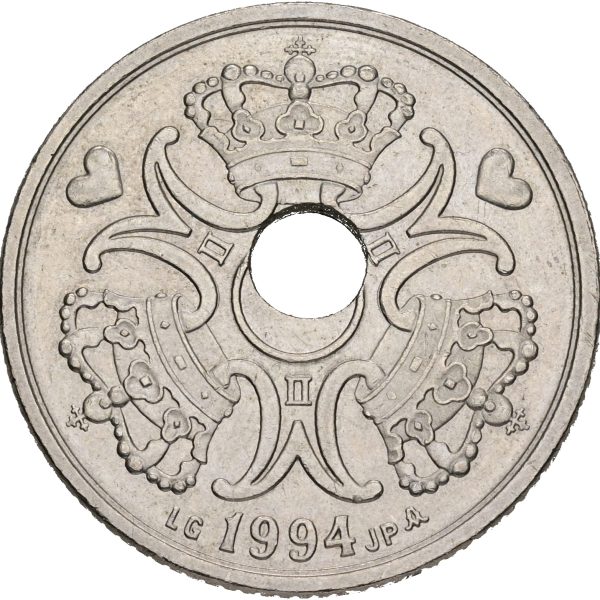 Margrethe II, 5 kroner 1994, Sieg 3.1, kv. 1+ – fejlmønt med fejlcentreret hul.