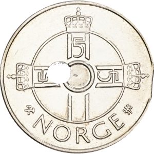 Norge, Harald V, 1 krone 1997, Sieg 119, kv. 0 - fejlmønt med fejlcentreret hul og hugpibemærke.