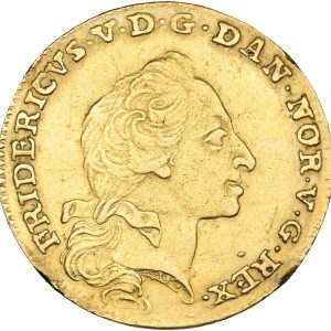 Frederik V, kurantdukat / 12 mark 1761 på 1760 W/VH, Sieg 21.3, H 22C, kv. 1+-1, har været indfattet.