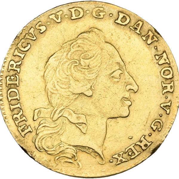 Frederik V, kurantdukat / 12 mark 1761 på 1760 W/VH, Sieg 21.3, H 22C, kv. 1+-1, har været indfattet.