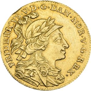 Frederik V, kurantdukat / 12 mark 1758 W/VH, Sieg 19, H 23, kv. 1+, lille ks. - 'hjelmtype' hvor kongen bærer laurbærkranset hjelm.
