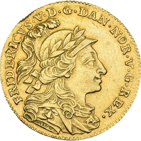 Frederik V, kurantdukat / 12 mark 1758 W/VH, Sieg 19, H 23, kv. 1+, lille ks. – ‘hjelmtype’ hvor kongen bærer laurbærkranset hjelm.