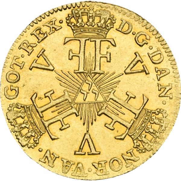 Frederik V, kurantdukat / 12 mark 1757 VH, Sieg 20.1, H 24A, kv. 0-01 – ‘stråledukat’