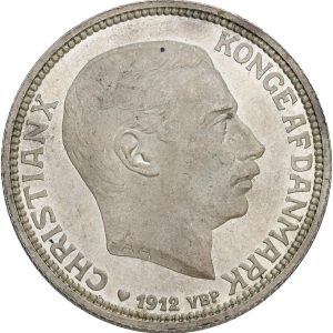 Christian X, 2 kroner 1912, tronskiftet, Sieg 5, H 3, kv. M-0, enkelte håndteringsspor, grønne belægninger.