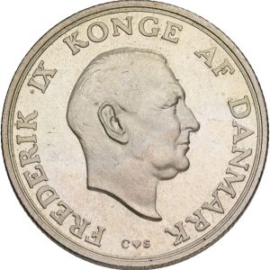 Frederik IX, 2 kroner 1958, Prinsesse Margrethes 18 års fødselsdag, Sieg 11, H 3, kv. M-0, håndteringsspor