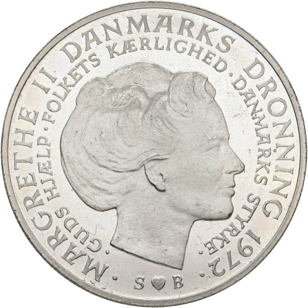 Margrethe II, 10 kroner 1972, tronskiftet, Sieg 16, kv. M-0, enkelte håndteringsspor og pletter.