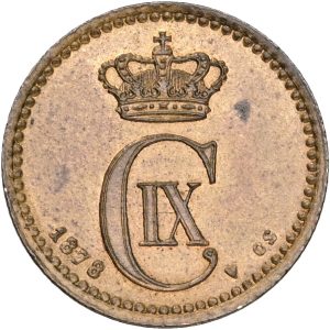 Christian IX, 1 øre 1878, Sieg 1.1, H 19A, kv. 0-01, små pletter - medaljeprægskarakter på forsiden.
