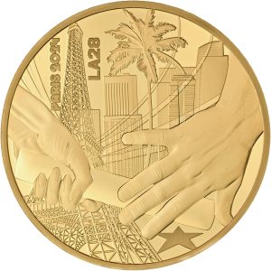 France, 200 Euro 2024, Au (999/1000), Olympics handover Paris 2024 - Los Angeles 2028, 31.1 g (1 oz), Proof, no. 143/500. In original box of issue with certificate.