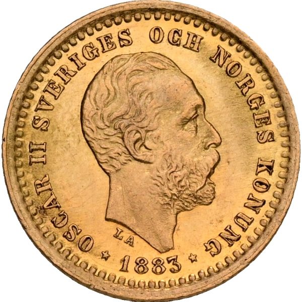 Sverige, Oscar II, 5 kronor 1883, SM 36, Fr. 95, kv. 01 – medaljeprægskarakter på bagsiden.