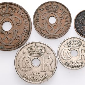 Færøerne, 1, 2, 5, 10 og 25 øre 1941, Sieg 1-5, kv. 1+ - komplet sæt.